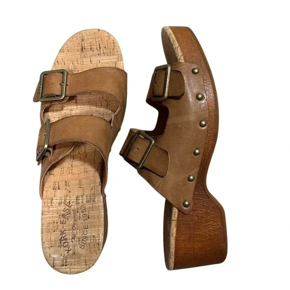 Kork Ease Womens Tan Leather Double Buckle Cork Wedge Slide Sandals Size‎ 10M - Picture 4 of 8